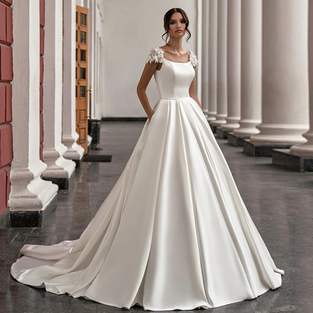 Elegant Satin Ball Wedding Dresses Cap Sleeve Flowers Court Train Bridal  Gowns | eBay