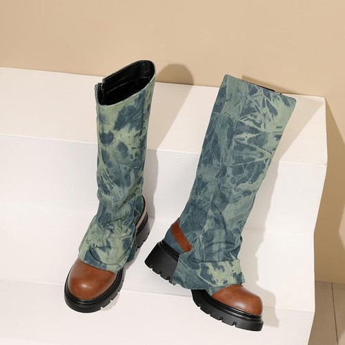 Mid Calf Boots Block Heel Platform Denim Jean Casual Womens Zip Pant Shoes Retro - Picture 5 of 16