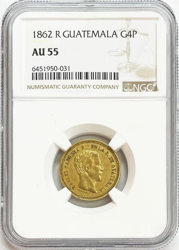 1862 R GOLD GUATEMALA 4 PESOS NGC AU 55 RAFAEL CARRERA COAT OF ARMS COIN