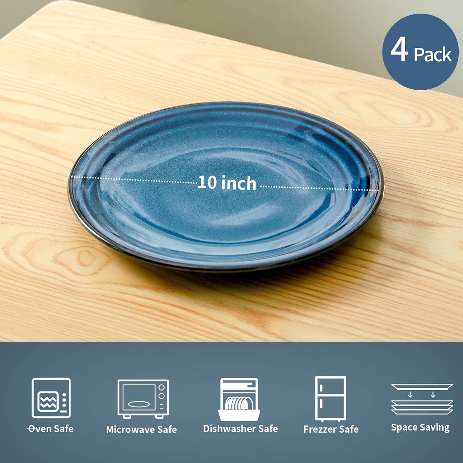 Ceramic Dinner Plates Set of 4, 10" Large Porcelain Pasta and Salad Plates, Blue