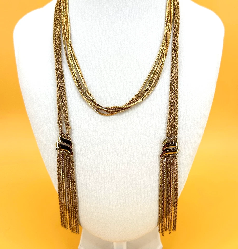 Vintage Monet Lariat Tassel Necklace Gold Tone Multi Chain Strand Long 41" - Image 4 of 4