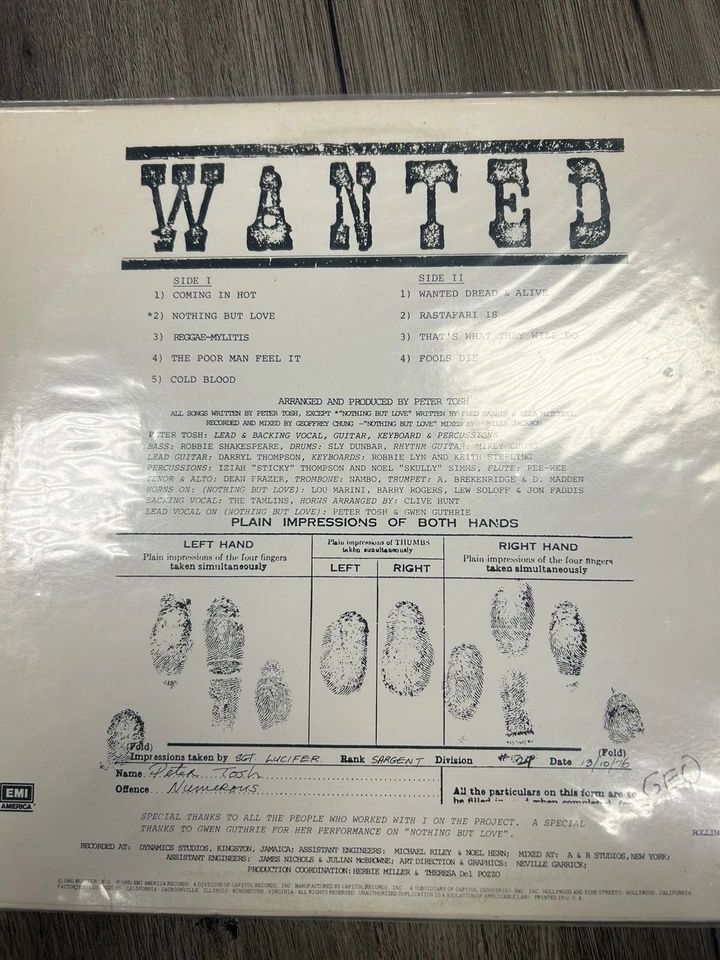 PETER TOSH WANTED DEAD & ALIVE VINYL LP REGGAE CLASSIC 1981 EMI AMERICA VG + - Image 2 of 2