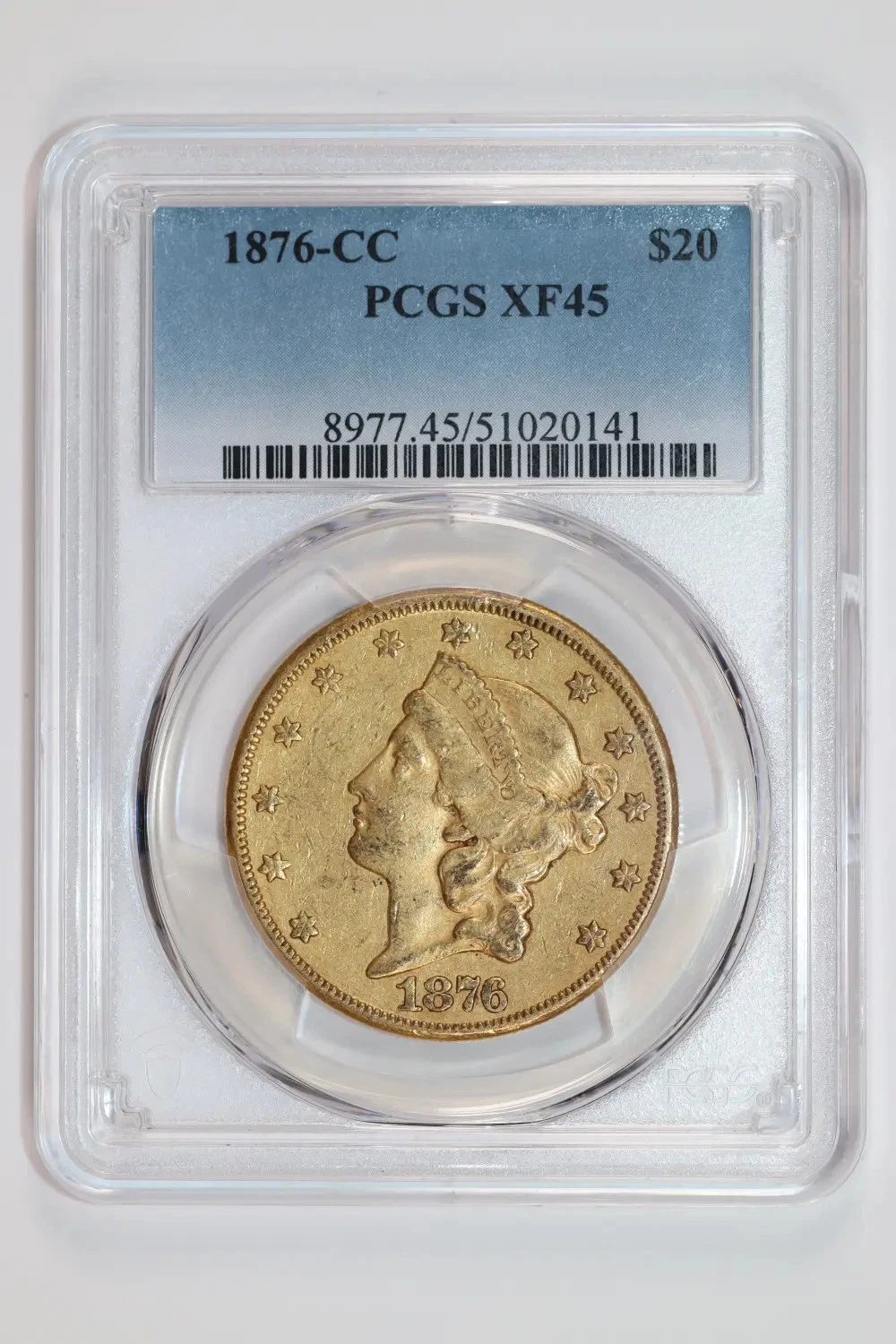 1876-CC $20 GOLD LIBERTY DOUBLE EAGLE PCGS XF45