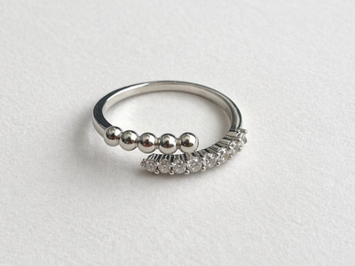 Damenring Sterling 925 offenes Band /CZ Stein & polierte Perlen minimalistischer Stil