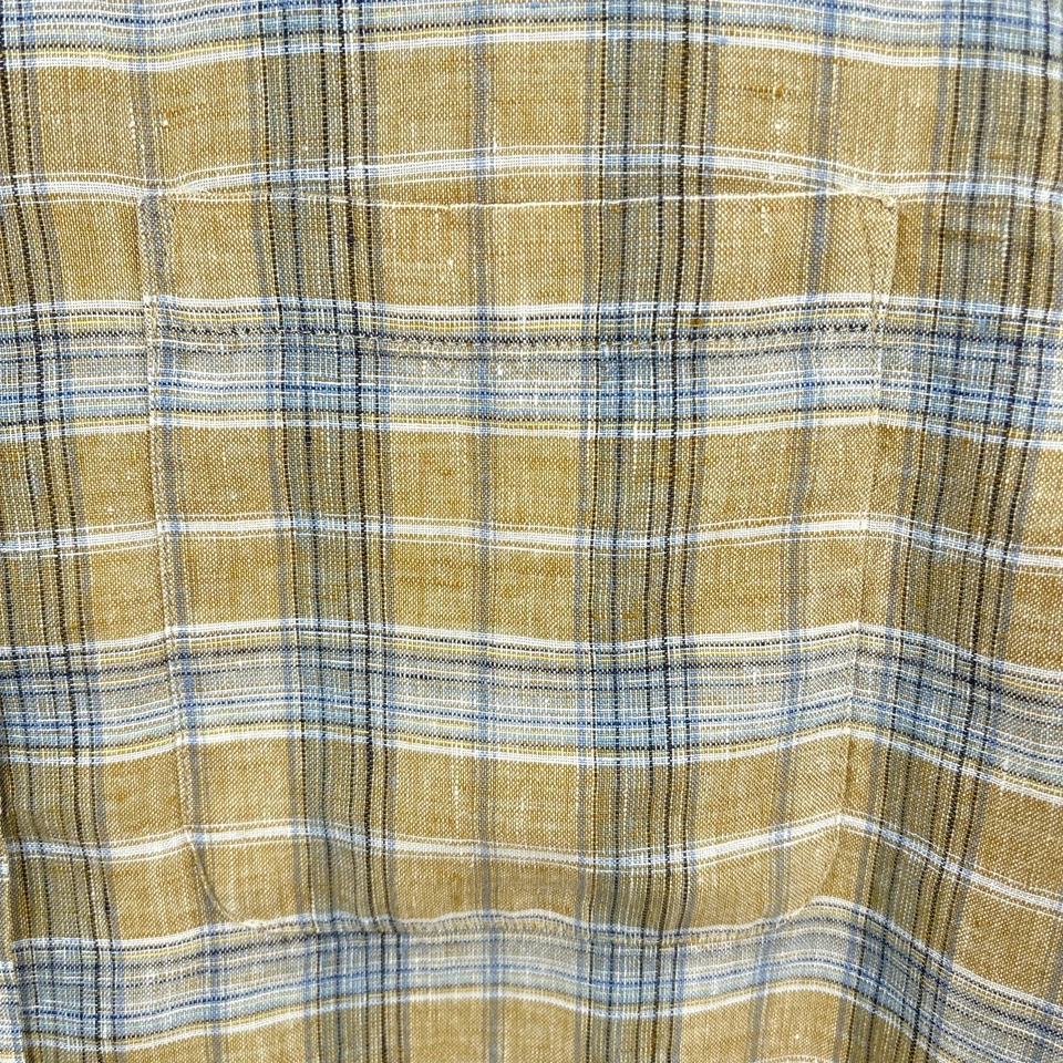 Orvis Shirt Mens Large Tan Blue Plaid 100% Linen Button Up Long Sleeve Casual - Image 2 of 4
