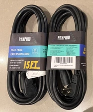 Lot of 2 15 Foot Extension Cord Flat Plug - Black