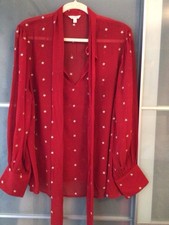 MONSOON CherryRED With Gold Embroidered ?? Chiffon Tie Neck 6 Button Cuff BLOUSE