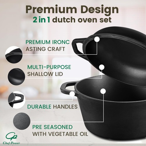 2-in-1 Gusseisen Dutch Oven mit Pfanne Deckel, 5QT Camping Dutch Oven Topf mit... - Bild 7 von 8
