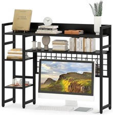 94cm Black Desk Hutch – 4-Tier Desktop Bookshelf w/ Hooks & Metal Frame