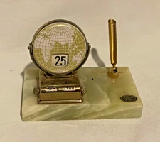 Vintage Globe Perpetual Flip Calendar On Stone Base Desk
