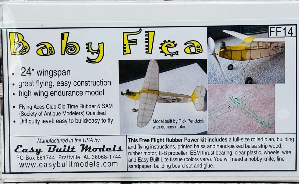 Baby Flea FF14 24” Free Flight Rubber Powered Plane Kit Easy Built Models New - Image 2 of 4