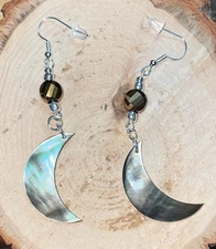 NEW Natural Black Lip Shell Crescent Moon Earrings w/ Brown Faceted Beads