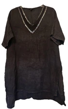 SAKS FIFTH AVENUE Medium 100% Linen Black Oversized Tunic Top Beading Laganlook