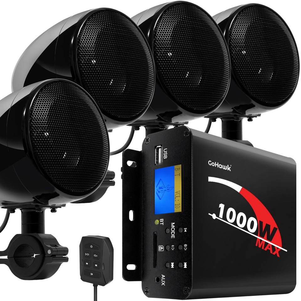 1000W Amp Waterproof Bluetooth Motorcycle ATV Stereo 4-CH Speakers ...