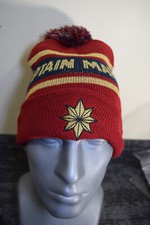 Captain Marvel Woven Striped Pom Tassel Knit Winter Beanie Red Blue Gold