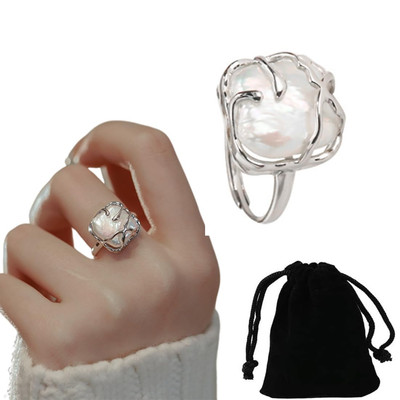 Unregelmäßiger Perlen Damen Silberring, Offen Verstellbar Perlenring, Ring Glänz