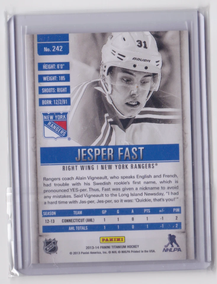 13-14 PANINI TITANIUM DRAFT POSITION ROOKIE SP /100 JESPER FAST #242 N.Y RANGERS - Image 2 of 2