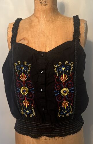 Vintage Embroidered Boho Western 1950’s Pin Up Style Sweetheart Neck Line Top LG - Afbeelding 1 van 6