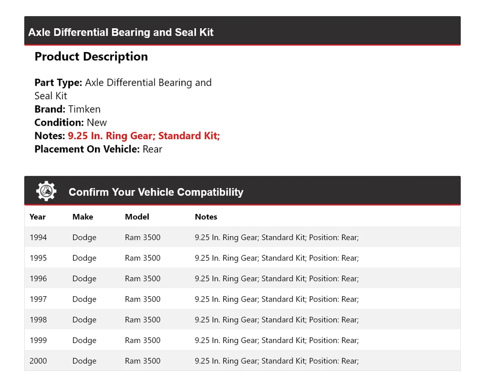 For 1994-2000 Dodge Ram 3500 Axle Differential Bearing and Seal Kit Rear Timken - Image 2 of 4
