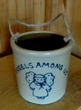 1999 Maple City Pottery ANGELS AMONG US Hanging Crock Planter Monmouth, IL