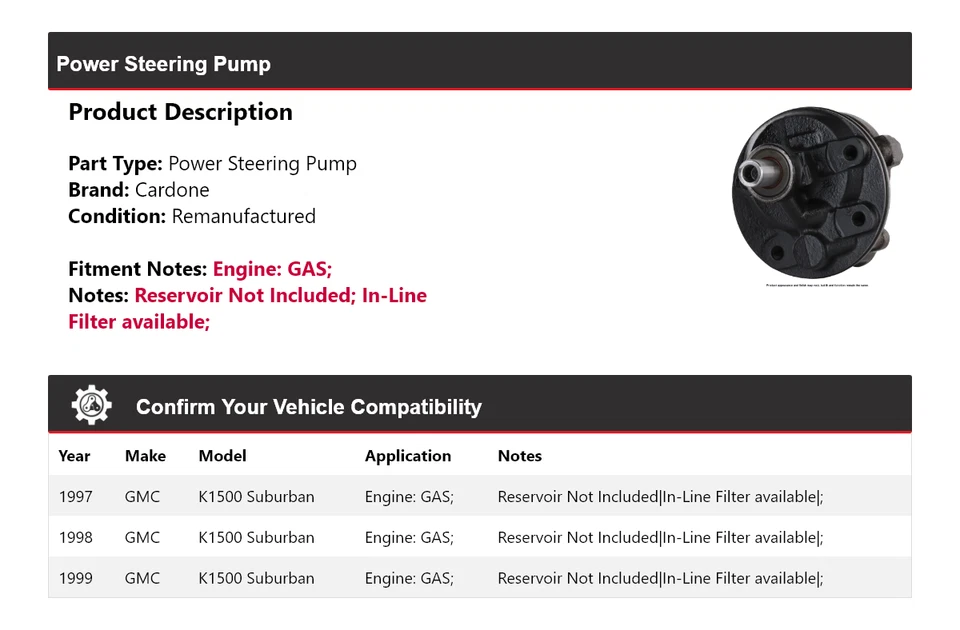 Bomba de dirección asistida de gas Cardone 1998 para GMC K1500 1997-1999 Suburban Foto 2 de 4