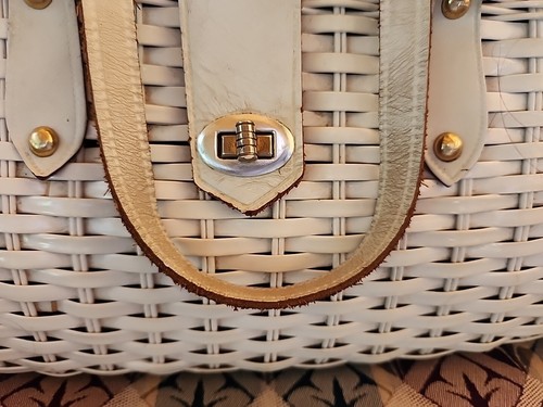 Vtg 60s Woven White Plastic Purse W Leather Handle Hand Made Crown Colony Hong K - Picture 2 of 8