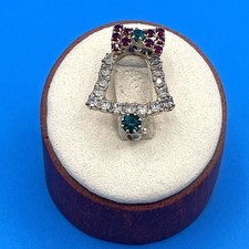 Vintage Christmas Bell Brooch Pin Red Green Clear Rhinestones Retro Boho 90s Y2K