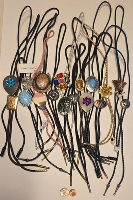 Vintage Lot of 17 Metal Bolo Ties, Guitar, Flag, Heart, Pig, Badge, More, Nice