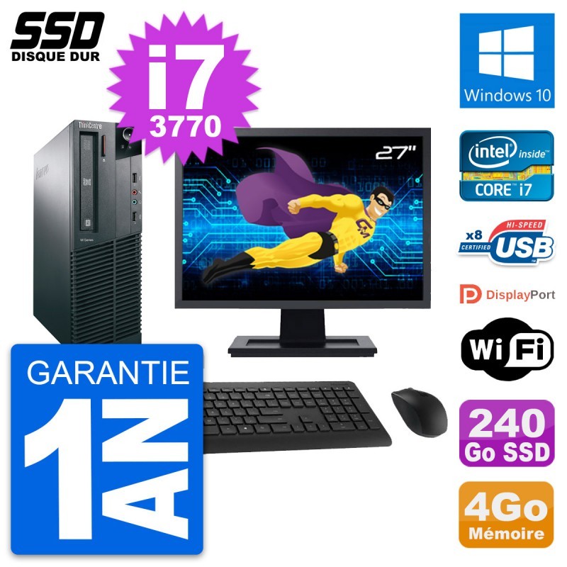 PC Lenovo M82 SFF Ecran 27" Intel Core i7-3770 RAM 4Go SSD 240Go Windows 10 Wifi