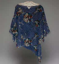 Citron Santa Monica 100% Silk Top Womens 2X Blue Asian Birds Boho Art Asymmetric