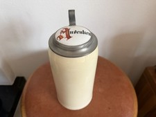 Sch&ouml;ner antiker Steinkrug mit Zinndeckel und Porzellaneinsatz "Andenken" ca. 1 l