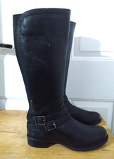 George Black Leather Zip Flat Heel Biker Style Women's Knee High Boots UK-4