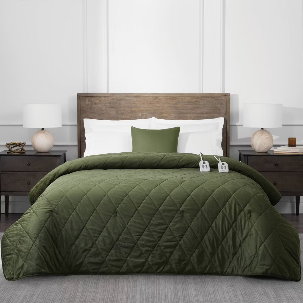 Brookstone Full/Queen Heated Diamond Stitch Quilt Blanket Olive Green