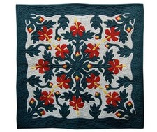 42  and 24" Hawaiian Quilt Wall Hanging   White Plumeria, Mc Red Hibiscus