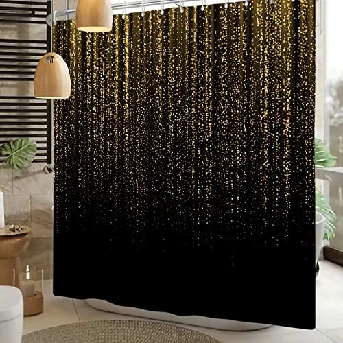 Cortina de Ducha Puntos Brillantes Negra y Dorada Moderna 72"W x 72"L (Pack de 1) Foto 2 de 4