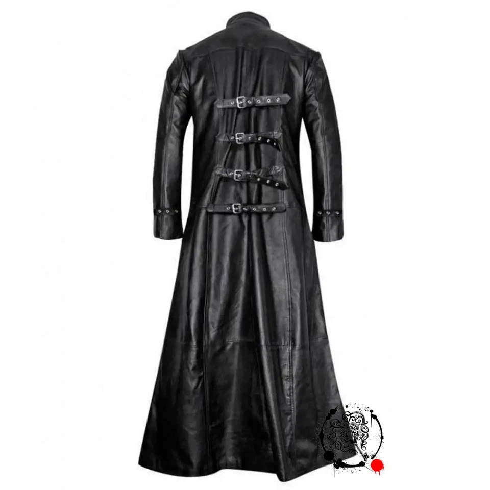 Casaco gótico masculino longo de couro real – Trench coat fetiche moda couro fivela - Imagem 3 de 4