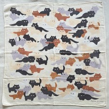 Vintage Handkerchief Beige Cotton line Sweet-Eyed Cats Pattern Cute Hanky 18"