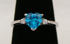 Sterling Silver  Blue Heart And Clear Rhinestone Ring Size 5.25