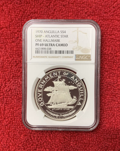 1970 Anguilla 4 USD Statek Atlantic Star One Znak rozpoznawczy Srebrna moneta NGC PF 69 UC - Zdjęcie 1 z 2