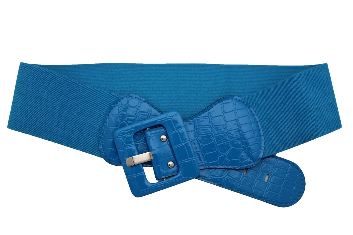 Women Belt Wide Blue Elastic Fabric Waistband Big Square Buckle Plus Size M  L XL