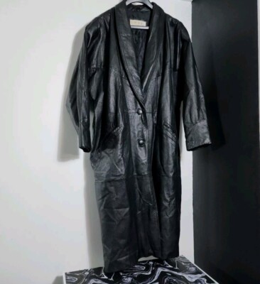 COMINT Long Leather Trench Coat Womens Size M black front pockets