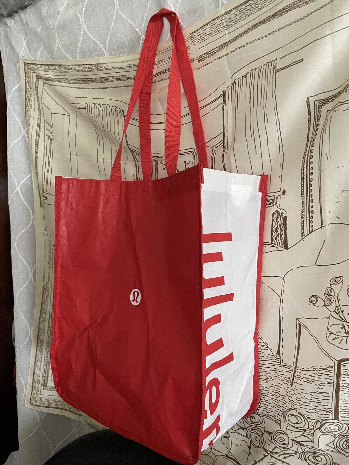 Red and white reusable lululemon tote SHIPS FREE - Depop