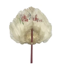 Vintage Hand Painted White Feather Fixed Hand Fan Chinese Red Handle 9.5x12.5