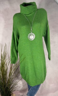 Langes Strick KLEID Pullikleid Loose Fit Rollkragen Italy GRÜN 38 40 42