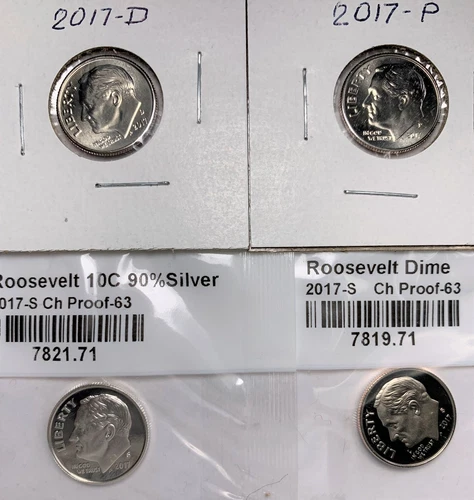 2017 SSPD Roosevelt Dime Lot 4 Coins Mint P & D Unc. Mint S proof & silver proof