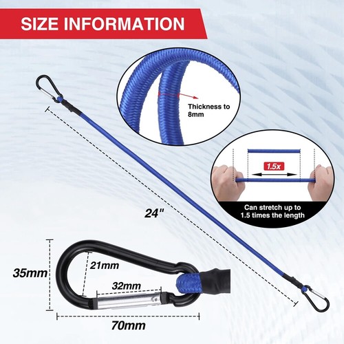 WORKPRO 8PCS Bungee Cords w/Hooks Strap Heavy Duty Bungee Straps 18" 24" 48" 60" - Picture 5 of 11