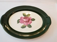 Taylor Smith Taylor Serving Platter 12" Oval Handles Green Trim Pink Rose Luray