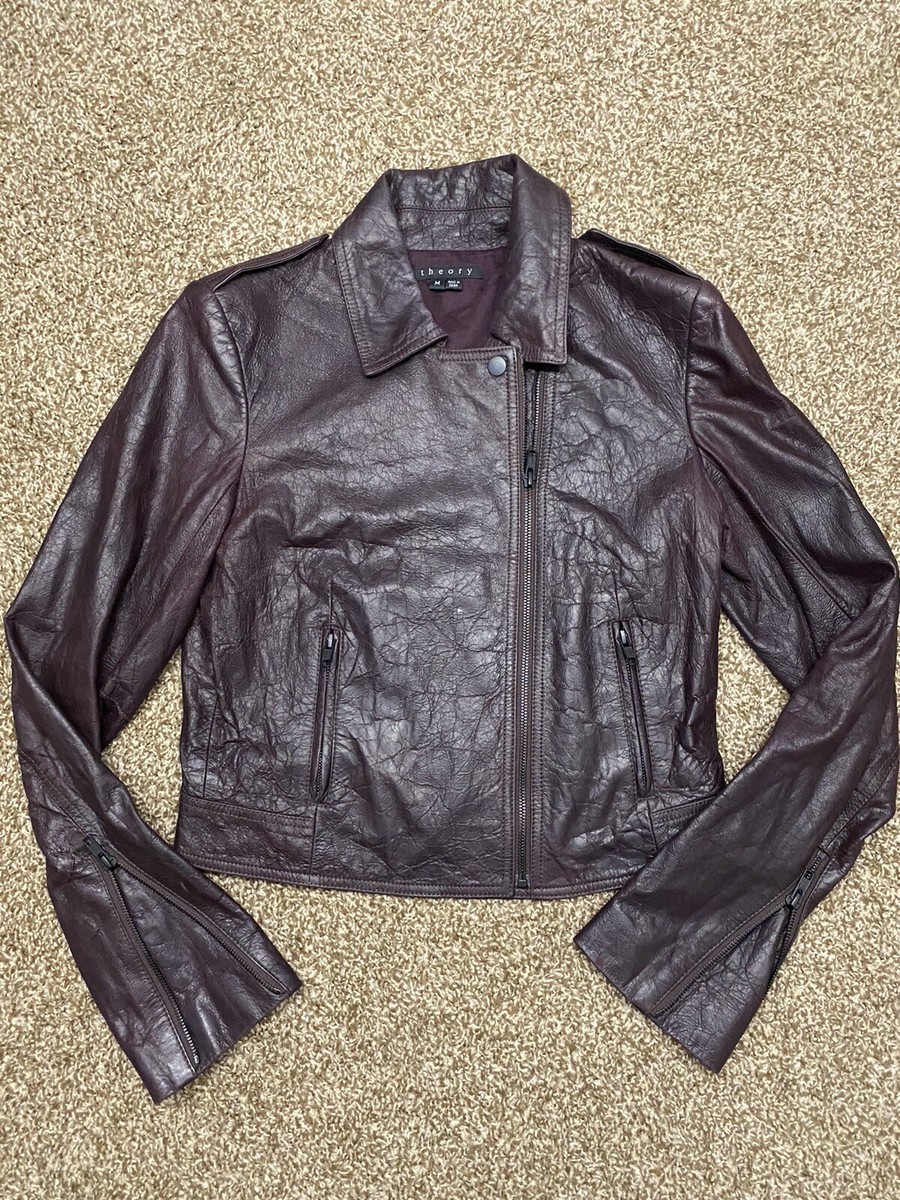 Theory Oxblood Ninian Lamb Leather Moto Biker Jacket Sz