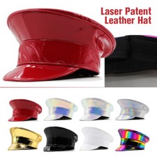Unisex Women Men Shiny Laser Patent Leather Hat Police Cos Captain Cap Clubwear