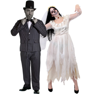 PAARE WEISSE LEICHE BRAUT UND BRÄUTIGAM HALLOWEEN KOSTÜM GESTREIFT ANZUG